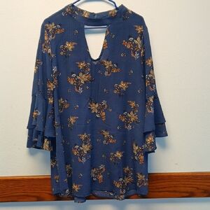 🌸 JANETTE PLUS Blue Tan Asymmetrical Tunic with Mandarin Collar & Belle Sleeves